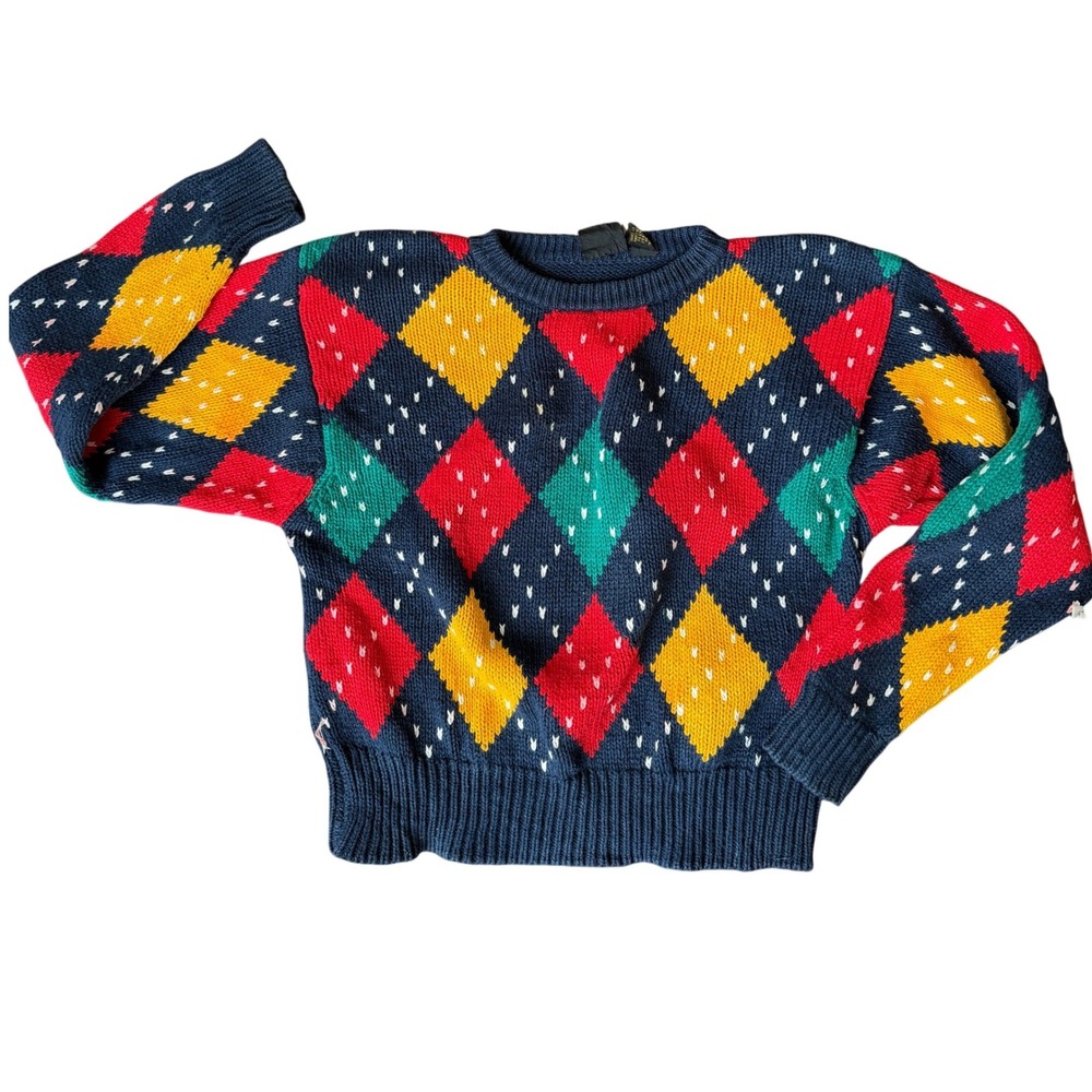 VTG Lizsport Argyle‎ Knit Sweater Navy Ramie Cotton M Academia Preppy